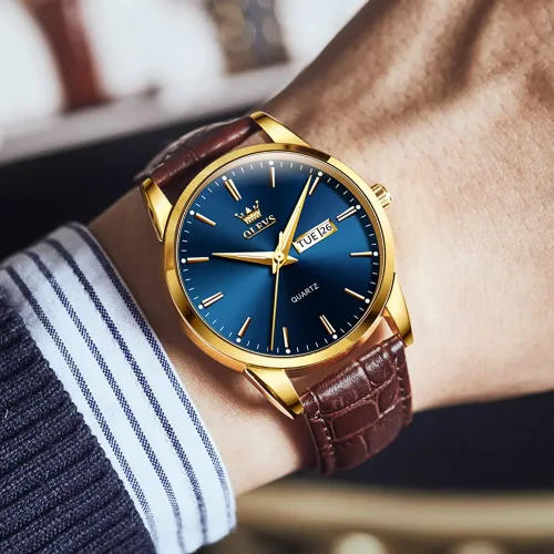 Vista 8 de OLEVS Reloj para hombres cronógrafo marrón cuero oro caso analógico cuarzo moda negocios vestido grande hombres reloj día fecha luminoso impermeable
