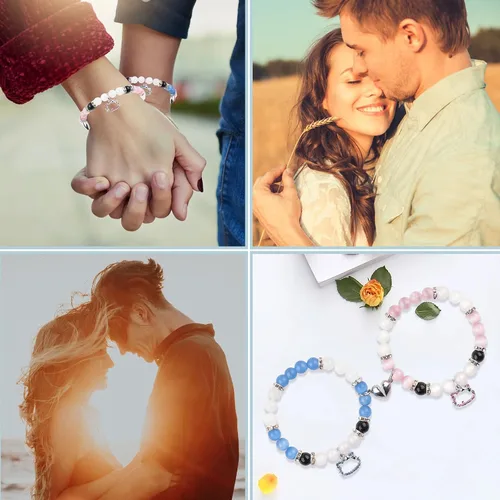 Vista 111 de 2 pulseras magnéticas para parejas, piedra natural negra mate, cristal para votos de amor eterno, juego de pulseras de cuentas de piedra de energía