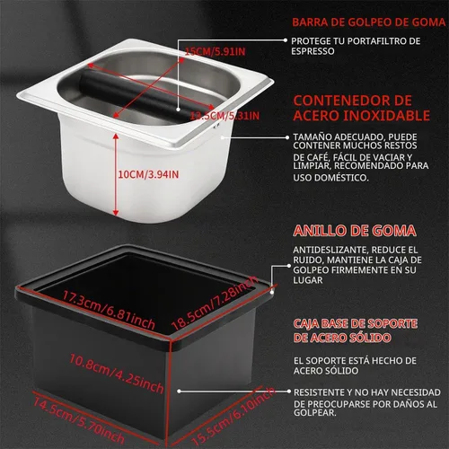 Vista 4 de DIBTSA Caja de café expreso, recipiente de acero inoxidable para discos de café, con soporte de acero y anillo de goma de reducción de ruido