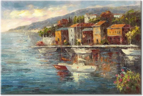 Vista 7 de Arte de pared en lienzo mediterráneo, arte de pared de Italia, arte de café italiano y de París, pinturas al óleo, imagen de paisaje marino