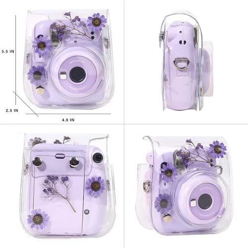 Vista 4 de Funda transparente para cámara instantánea Fujifilm Mini 12/13/11/9/8 con correa transparente para el hombro (flor real, morado) (sin cámara)
