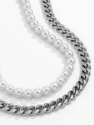 Vista 6 de Collar de perlas para hombre, collar de perlas en capas para niñas, collar redondo de perlas blancas en capas, collar de perlas para mujeres