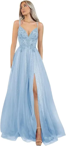 Vista 5 de Vestidos de fiesta de tul con purpurina, apliques de encaje, cuello en V, vestidos largos de noche con tirantes delgados, con abertura
