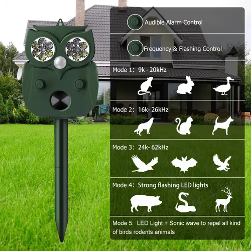 Vista 8 de Repelente de animales para exteriores, alimentado por energía solar, ultrasónico, ciervo, ardilla, conejo, roedor, disuasorio de perros, repelente