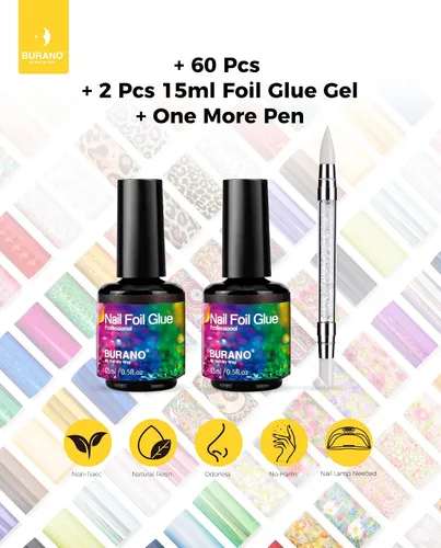 Vista 6 de BURANO Gel de pegamento para arte de uñas, 0.5 onzas líquidas, 2 botellas con 60 calcomanías de láminas, diseño de uñas, arte de transferencia