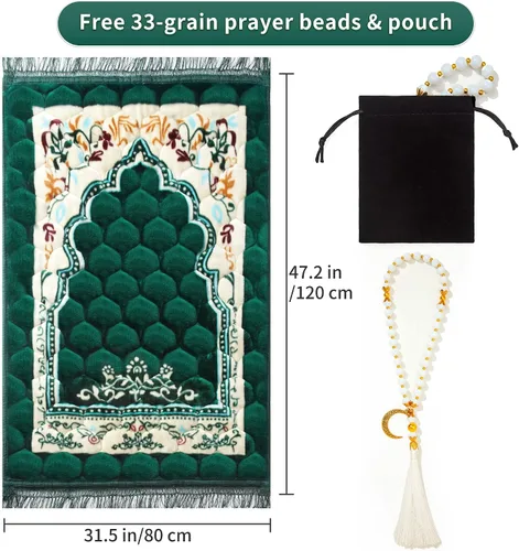 Vista 3 de Alfombra de oración musulmana con cuentas de oración Tasbih, suave y grande para oración islámica mate, alfombrilla de oración islámica acolchada