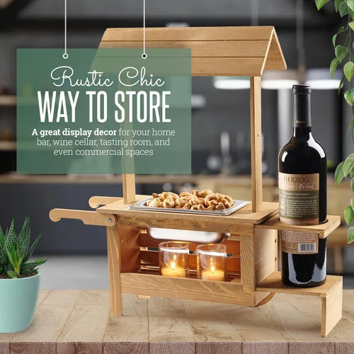 Vista 7 de Soporte para botellas de vino con bandeja para servir aperitivos, carrito de madera de mesa para dulces y calentador de nueces con capacidad para 1