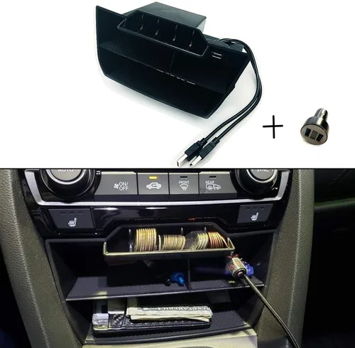 Vista 6 de Caddy impermeable de plástico ABS para Honda Civic Sedan 10ª generación, caja de consola central, bandejas para monedas, organizador con cable