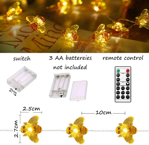 Vista 2 de 40 luces LED de abeja, impermeable, funciona con pilas, 8 modos con control remoto para bodas, fiestas, festivales, interiores, exteriores (abeja)