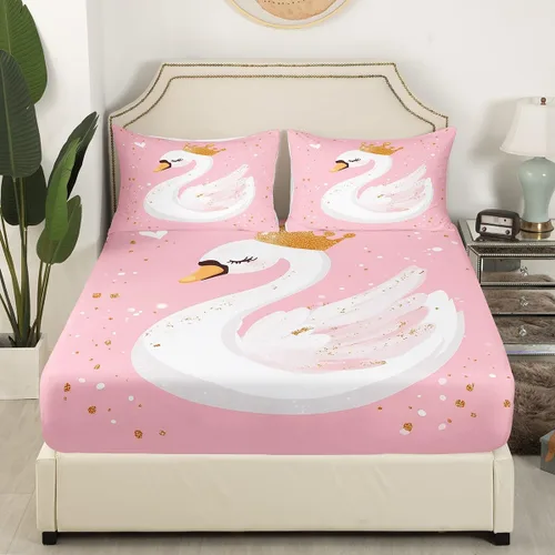 Vista 3 de Erosebridal Juego de sábanas de dibujos animados Sweet Princess Swan, sábana bajera ajustable tamaño individual para niños y adolescentes, sábana