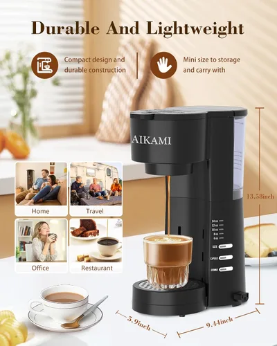 Vista 7 de Cafetera de una sola porción 4 en 1 con espumador de leche y molinillo de café, cafetera para taza K y café molido, con depósito de agua extraíble