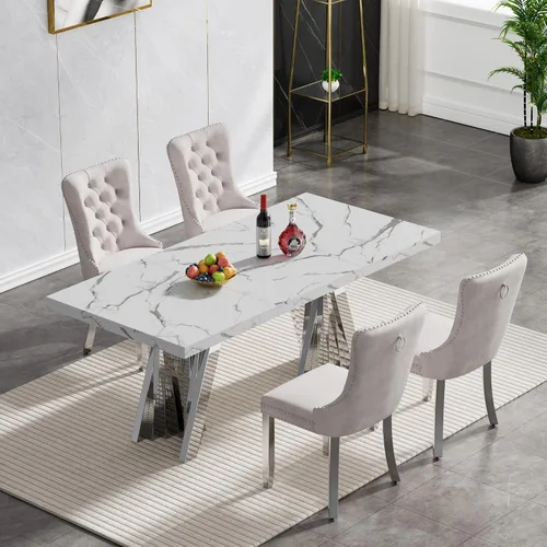 Vista 18 de Juego de 5 mesas de comedor, juego de mesa de cocina y comedor para 4, mesa de comedor rectangular de mármol sintético negro de 70 pulgadas con base