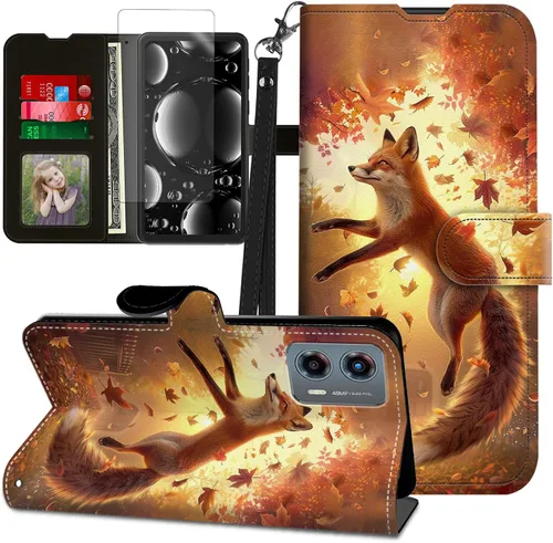 Vista 322 de Funda para Motorola Edge 2022 con protector de pantalla, soporte y tarjetero y correa para la muñeca, funda magnética para Moto Edge 2022 5G UW Lobo