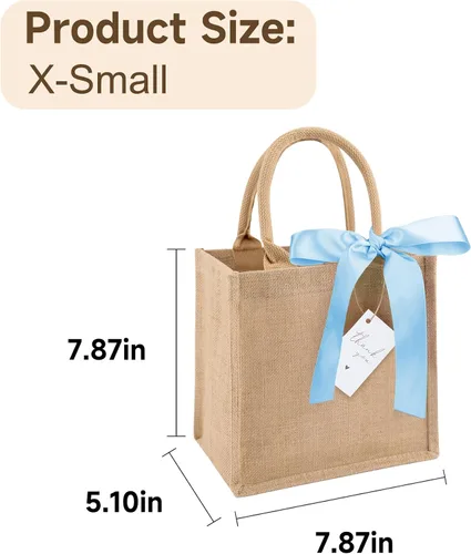 Vista 4 de Paquete de 6 bolsas de arpillera con asas reutilizables, mini bolsas de regalo de yute con cintas de seda azules, forro impermeable para bodas