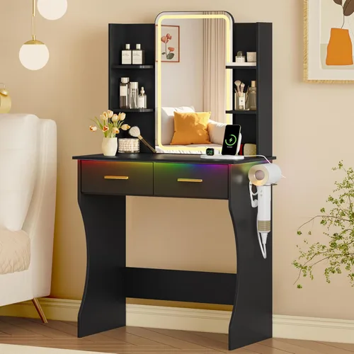 Vista 13 de Escritorio de tocador con espejo iluminado HD y luces, pequeño tocador de maquillaje acanalado con cajones y estantes de almacenamiento, juego