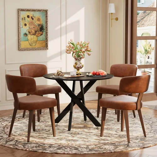 Vista 17 de Juego de mesa de comedor de madera para 2, mesa de cocina redonda de 36 pulgadas con 2 sillas de comedor Boucle, mesa de MDF con patas de metal