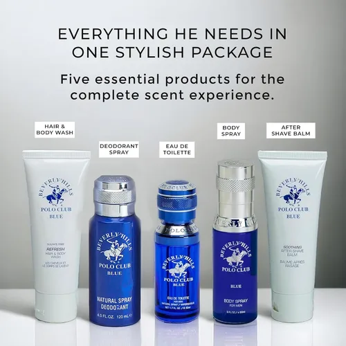 Vista 4 de Beverly Hills Polo Club BHPC Colonia Set de Regalo de 5 Piezas para Hombre Eau de Toillete, Desodorante, Gel de Ducha, Jabón Corporal, Fragancia