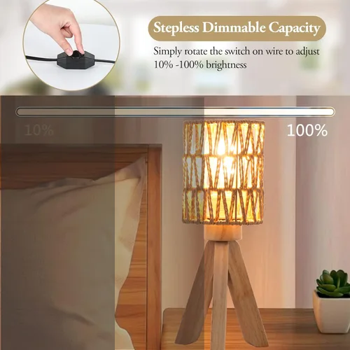 Vista 2 de Lámpara de mesa con trípode regulable, pequeña lámpara bohemia de mesita de noche para dormitorio con pantalla de tela de ratán, bonita lámpara