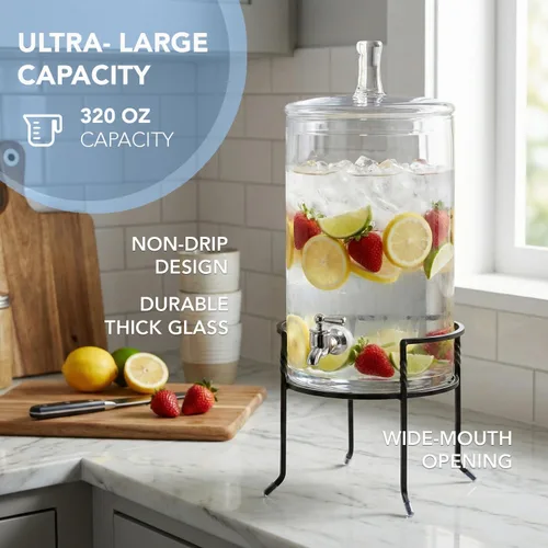 Vista 5 de Style Setter Dispensador de bebidas con soporte, dispensador grande de bebidas de vidrio para encimera de 2.5 galones con espita y tapa, dispensador