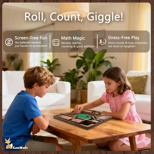 Vista 5 de Shut The Box Game Tablero de madera (13.78 pulgadas) para 1-4 jugadores, juegos de dados familiares para adultos con 12 dados, aprendizaje educativo
