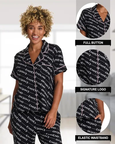 Vista 2 de bebe Conjunto de pijama de dama de honor de 2 piezas para mujer, camisa y pantalones de manga corta con botones