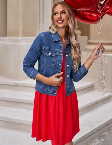 Vista 6 de luvamia - chaqueta de mezclilla, básica, de manga larga, ajustada, con botones, para mujer