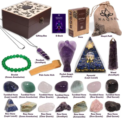 Vista 2 de NAQSH Piedras curativas de 22 piezas, 7 piedras crudas y 7 rodadas, pulsera, varitas, pirámides, conos, colgante, palitos de Palo Santo, ángeles