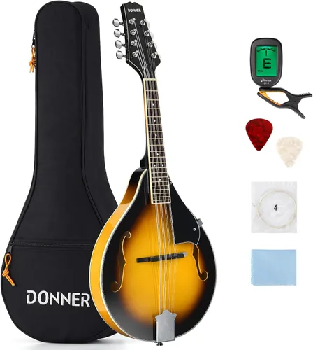 Vista 8 de Donner - Mandolina estilo A en negro para principiantes, adulto, instrumento musical acústico de 8 cuerdas, paquete con afinador, cuerdas, bolsa