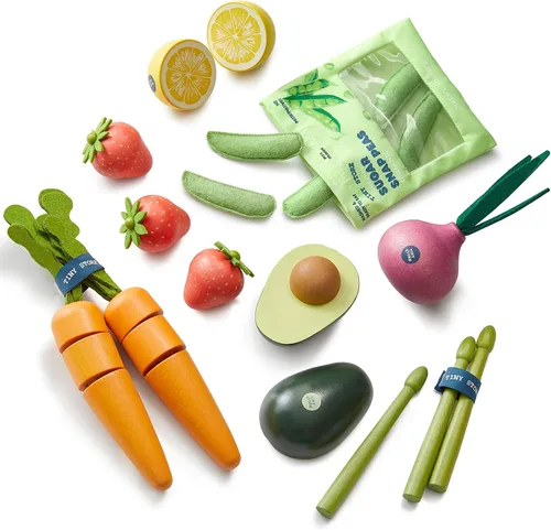 Vista 9 de Tiny Land Juego de lácteos y bebidas de madera, 7 piezas de juguete de comida de simulación con leche, jugo y queso, divertido accesorio de cocina