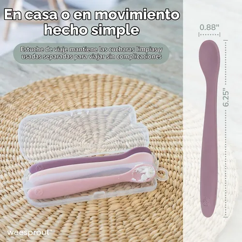 Vista 3 de WeeSprout Cucharas de silicona para bebé, utensilios de alimentación infantil de primera etapa con punta suave, utensilios de cocina flexibles