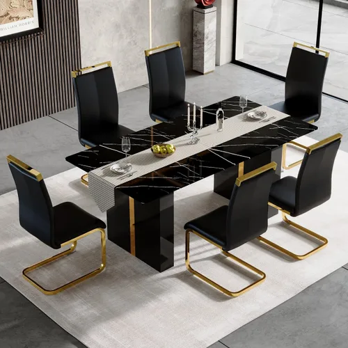 Vista 31 de Mesa de comedor moderna para mesa de comedor de mármol sintético blanco de 6, 8, 71 pulgadas, con patas negras y doradas, mesa de cocina rectangular