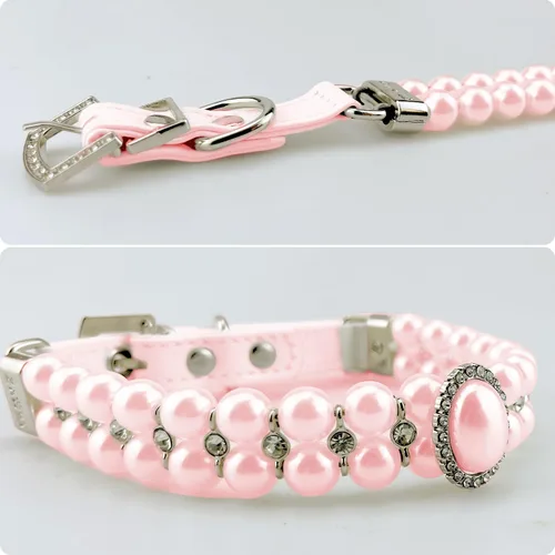 Vista 6 de Collares de perlas grandes para perros pequeños y gatos con decoración de diamantes de imitación de cristal, collar ajustable de piel sintética