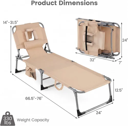 Vista 3 de Goplus Silla bronceadora, silla de playa plegable con agujero para cara y brazo, posición ajustable, almohada extraíble, bolsillo lateral, silla