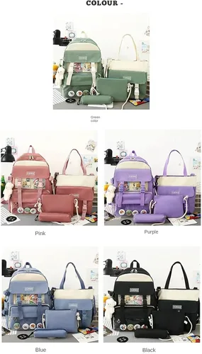 Vista 7 de Mochila Kawaii Kawaii Colgantes y Pines Accesorios Juego de 4 piezas con insignia y colgante, bolsa de hombro, estuche para lápices, bolso (negro)