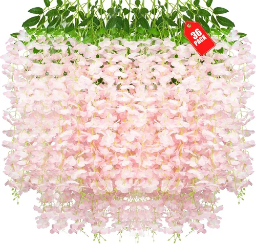 Vista 57 de Paquete de 12 flores colgantes de glicina rosa, flores colgantes falsas de 3.44 pies, guirnalda de glicina artificial para decoración de boda, telón