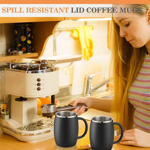 Vista 5 de Taza de café aislada de acero inoxidable de 14 onzas a prueba de derrames con tapa, taza de café de viaje de doble pared con asa, tazas de café