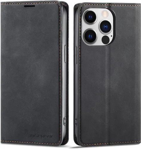 Vista 13 de QLTYPRI Funda tipo cartera para iPhone Air, 3 tarjeteros, color negro Funda de piel sintética de alta calidad, cierre magnético, soporte