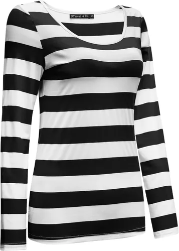 Vista 3 de OThread & Co. Camiseta básica de manga larga a rayas para mujer con cuello redondo