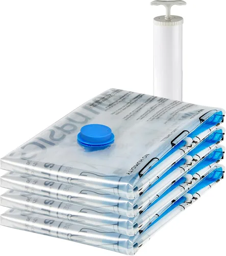 Vista 8 de Amazon Basics Bolsas de almacenamiento con cremallera de compresión al vacío con bomba de mano, medianas, transparentes, paquete de 5, blanco, azul