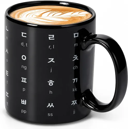 Vista 11 de BICETTO Taza de café de cerámica coreana de 12 onzas con impresionante diseño de hangul y alfabeto inglés, taza ideal para entusiastas del café