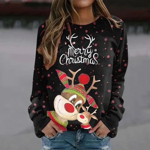 Vista 2 de Camisetas de Navidad para mujer, para otoño, invierno, divertidas, con estampado de ciervos, manga larga, cuello redondo, ajuste holgado