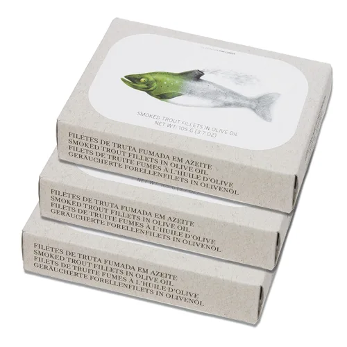 Vista 9 de Filetes de trucha ahumados enlatados en aceite de oliva virgen extra de Jose Gourmet, trucha portuguesa capturada en estado salvaje, pescado