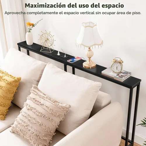 Vista 6 de HOOBRO - Mesa de consola estrecha de 63" con estación de carga, mesa de sofá de 5.9" con 2 tomas de corriente y puertos USB, mesas largas de entrada