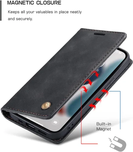Vista 4 de QLTYPRI Funda para iPhone 14 Pro Max, de piel sintética vintage, con ranura para tarjetas, función atril, cierre magnético, a prueba de golpes
