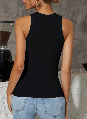 Vista 5 de VICHYIE Camisetas sin mangas para mujer, de verano, sin mangas, cuello en V, acanaladas, ajustadas