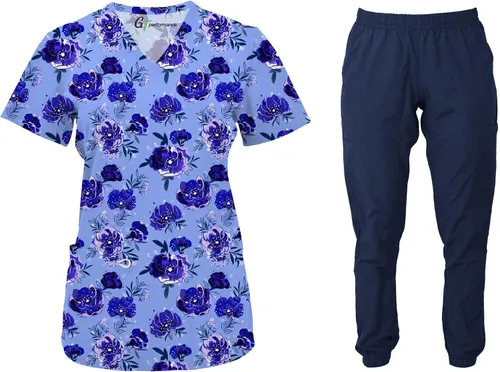 Vista 2 de Green Town Scrubs for Women Scrub Set - Print Top and Jogger Pant, Easy Care Uniforms