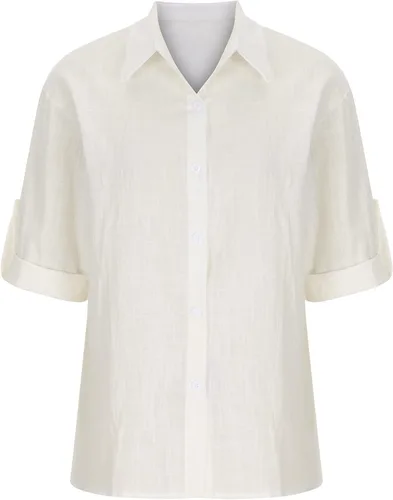 Vista 4 de Camisas de lino de algodón para mujer 2022, estilo casual, de manga corta, con cuello y botones, color liso, ajuste holgado