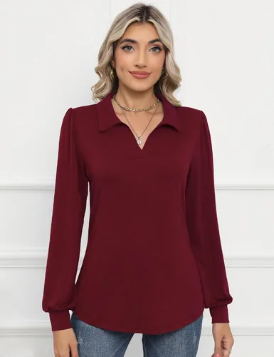 Vista 2 de LOMON Camisas tipo polo de manga larga con cuello en V y manga abombada para mujer