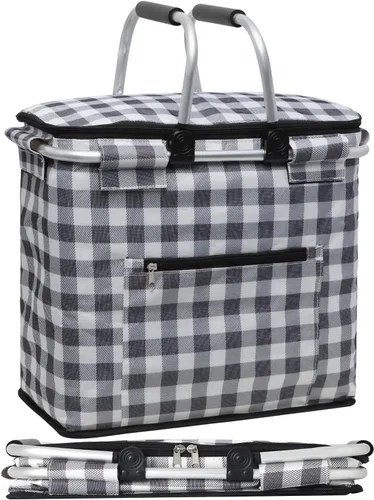Vista 18 de Cesta de picnic aislada, bolsa enfriadora plegable, cesta de comestibles de 32 litros con tapa, 2 asas resistentes, cesta de almacenamiento