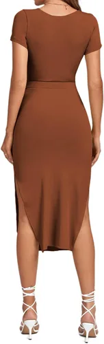Vista 2 de LYANER Vestido midi de punto de manga corta con cuello en V y corte frontal para mujer